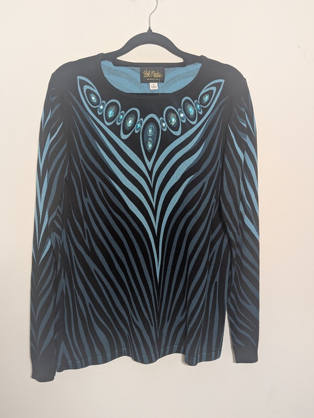 Bob Mackie Wearable Art Jeweled Neckline Sweater Black Blue NWT Size S